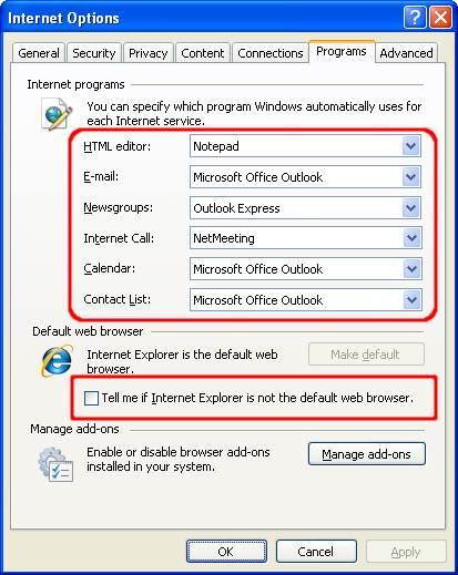 IE Internet Options Programs